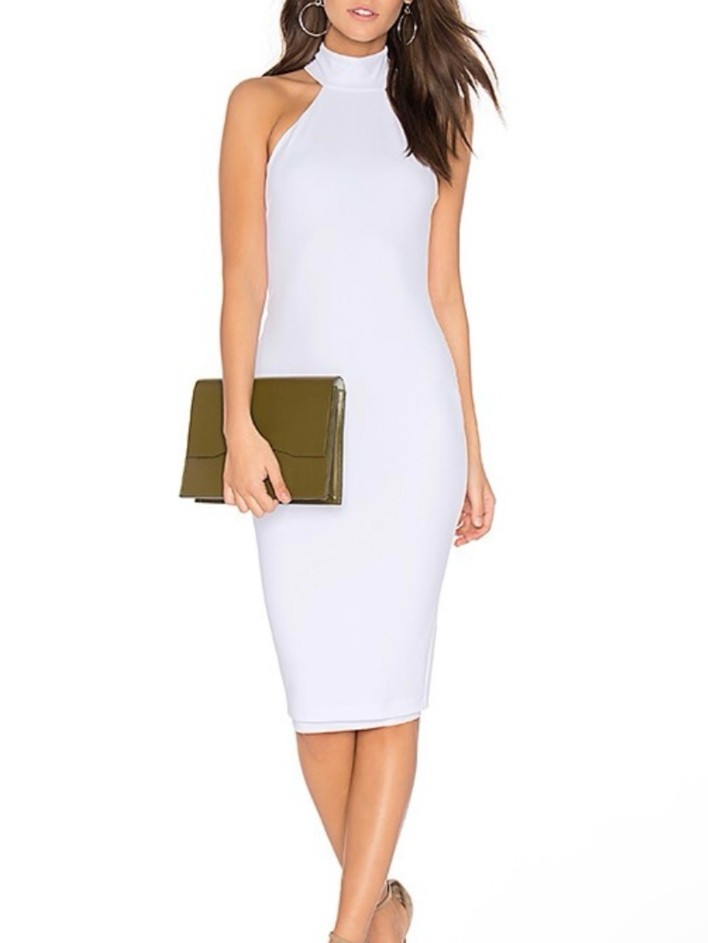 Nookie Revolve Basic Instinct Off White Cream Slim Bodycon Mock Neck Midi Dress